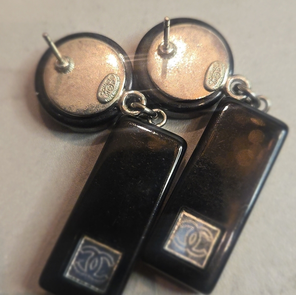 Chanel Mirrored Coco Mark Black Block Dangling Drop Earrings - Picture 3 of 4